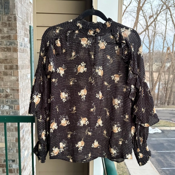 🆕⭐️Maje Floral Textured Blouse Black Ruffle Romantic Boho Top Size L (3) Chic - Picture 3 of 15
